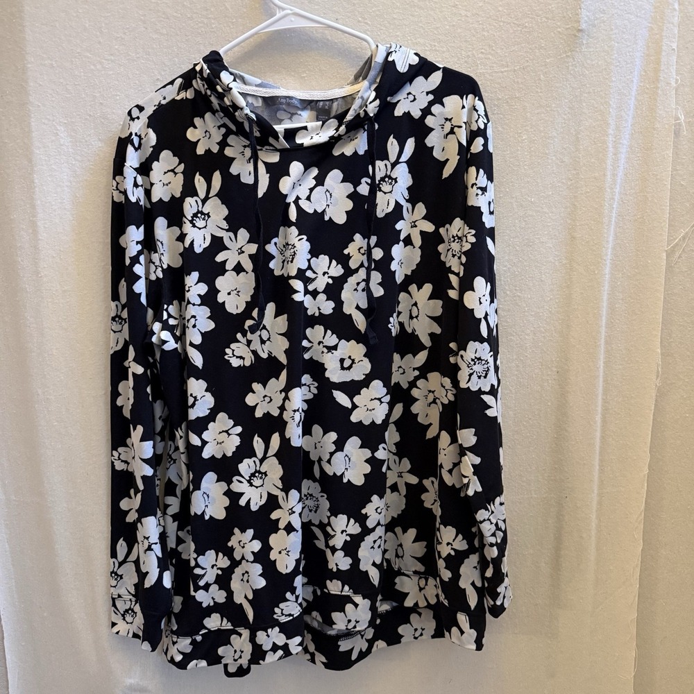 Any Body Women's Lightweight Hoodie Size Large Black White Floral‎ Stretch